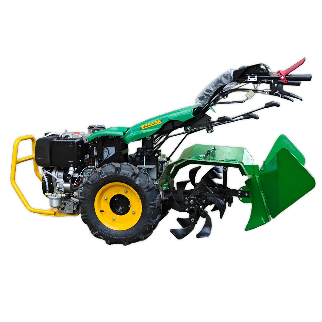 Green and yellow SPAARK power tiller with heavy-duty wheels and tilling blades