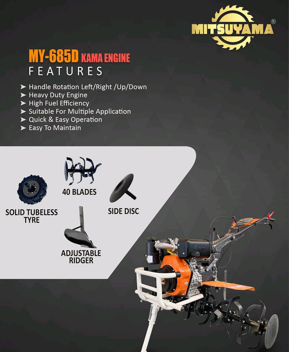 Mitsuyama MY-685D power weeder with kama engine, featuring 40 blades and adjustable ridger.