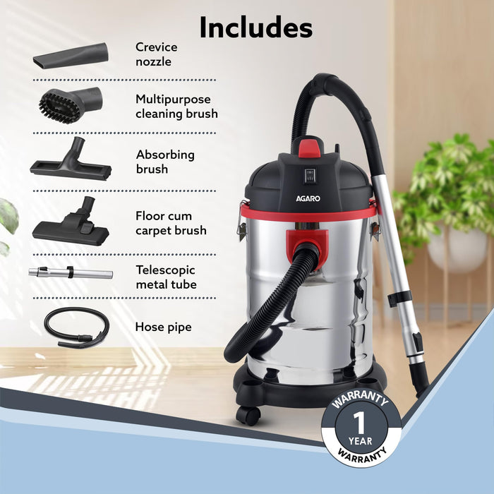 Wet & Dry Vacuum Cleaner, 1600 Watts, 21.5 Кра Suction Power, 25 litres Tank Capacity, Home Use, Blower Function, Washable 3L Dust Bag, Stainless Steel Body